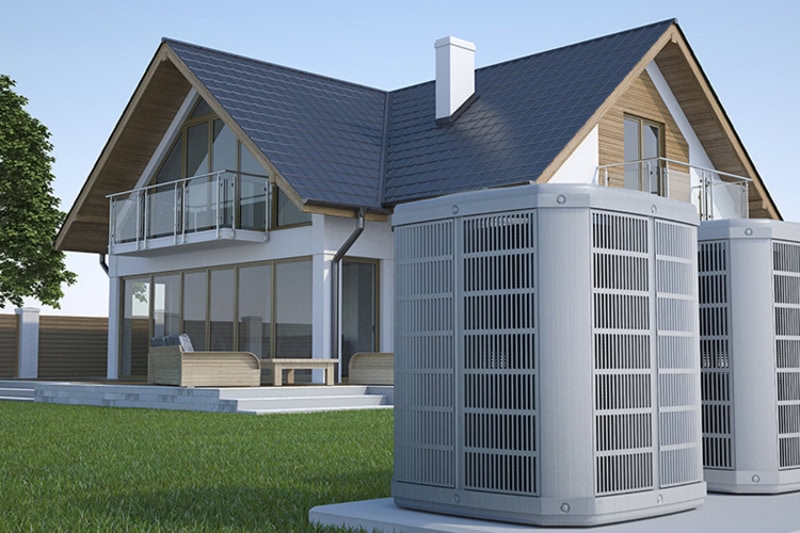 Digital 3D illustration of two air conditioners on concrete pad outside home.